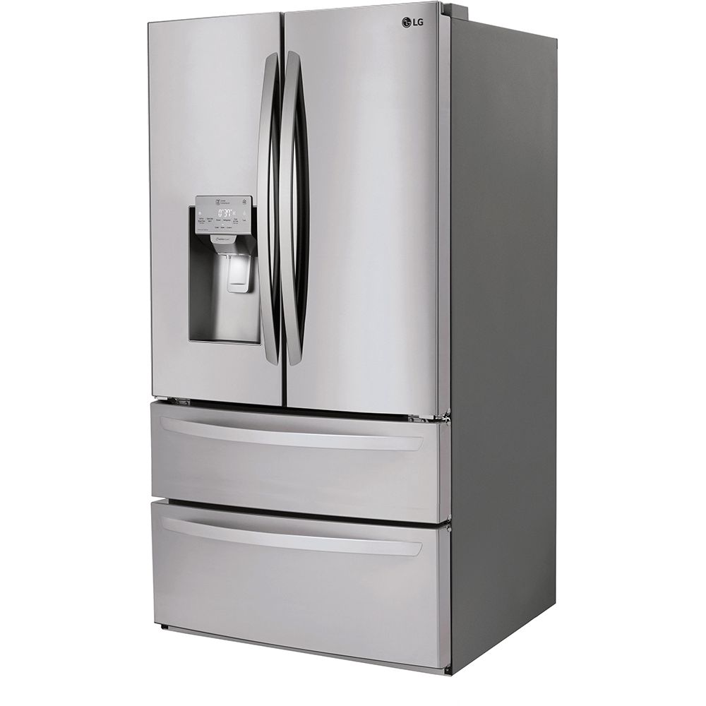 Stainless steel LG LMXS28626S refrigerator front.