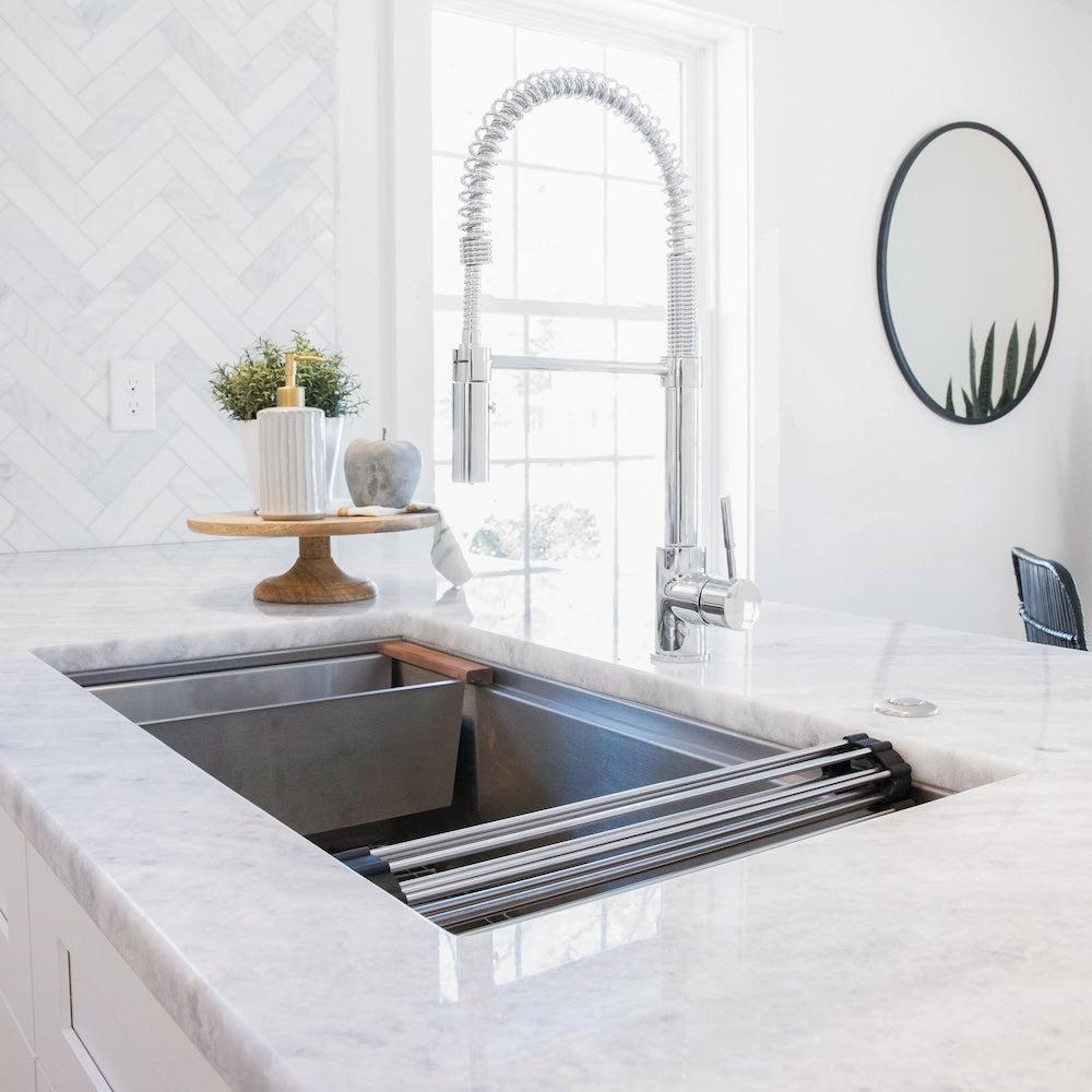 ZLINE Sierra Kitchen Faucet (SRA-KF) Chrome in a luxury kitchen.