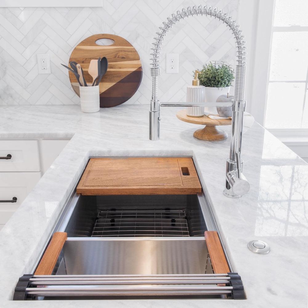 ZLINE Sierra Kitchen Faucet (SRA-KF) Chrome in a luxury kitchen.