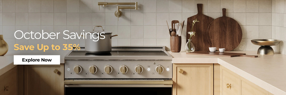 A stainless steel induction range with a black oven door is installed in a modern kitchen with light wood cabinets, a cream tile backsplash, and open shelves. Large promotional text at the top reads 'October Savings: Save Up to 35%. Explore Now'.