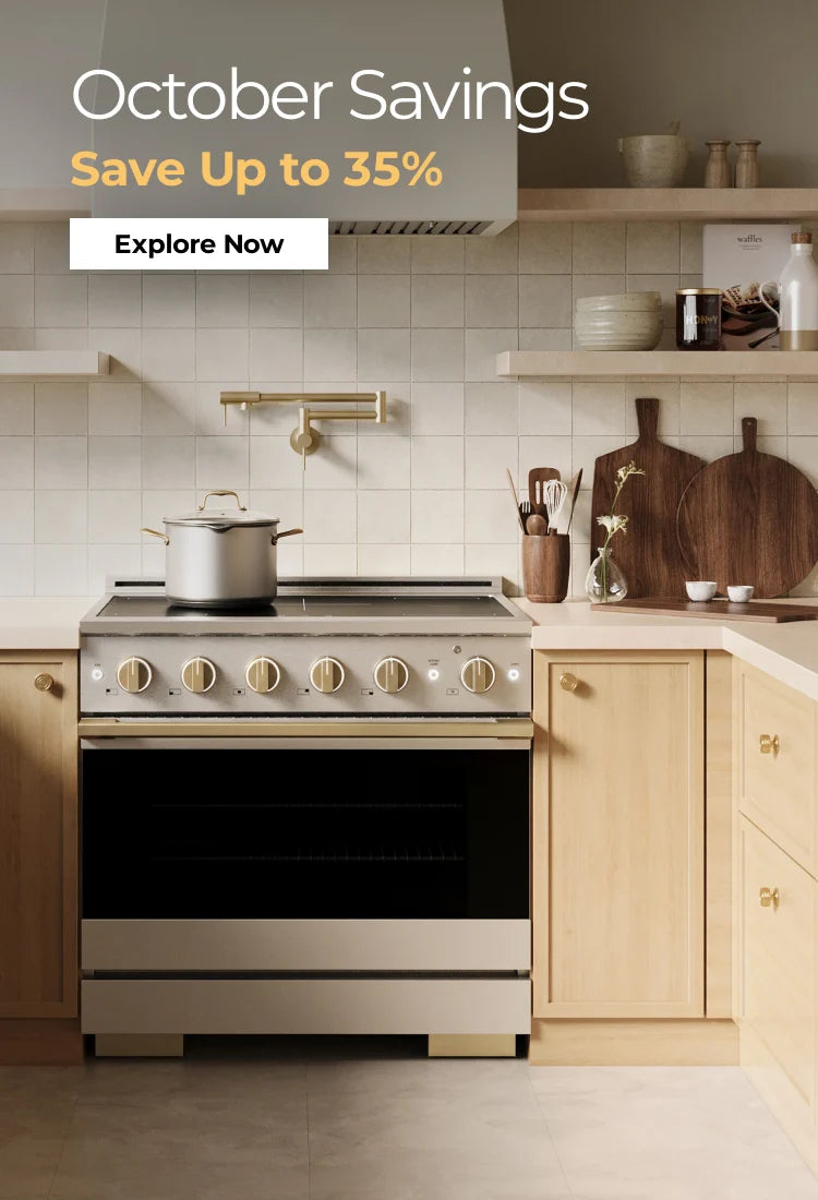 A stainless steel induction range with a black oven door is installed in a modern kitchen with light wood cabinets, a cream tile backsplash, and open shelves. Large promotional text at the top reads 'October Savings: Save Up to 35%. Explore Now'.