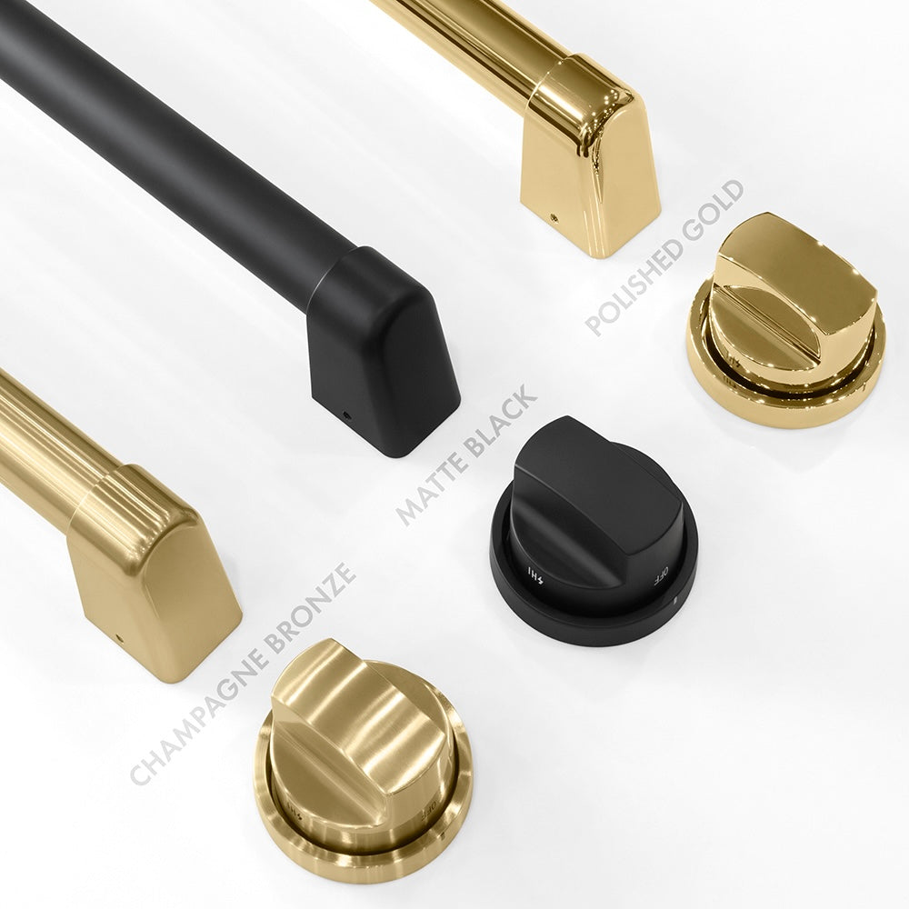 ZLINE Autograph Edition DuoPro handles and knobs finish comparison. Bottom Left: Champagne Bronze. Center: Matte Black. Top Right: Polished Gold.