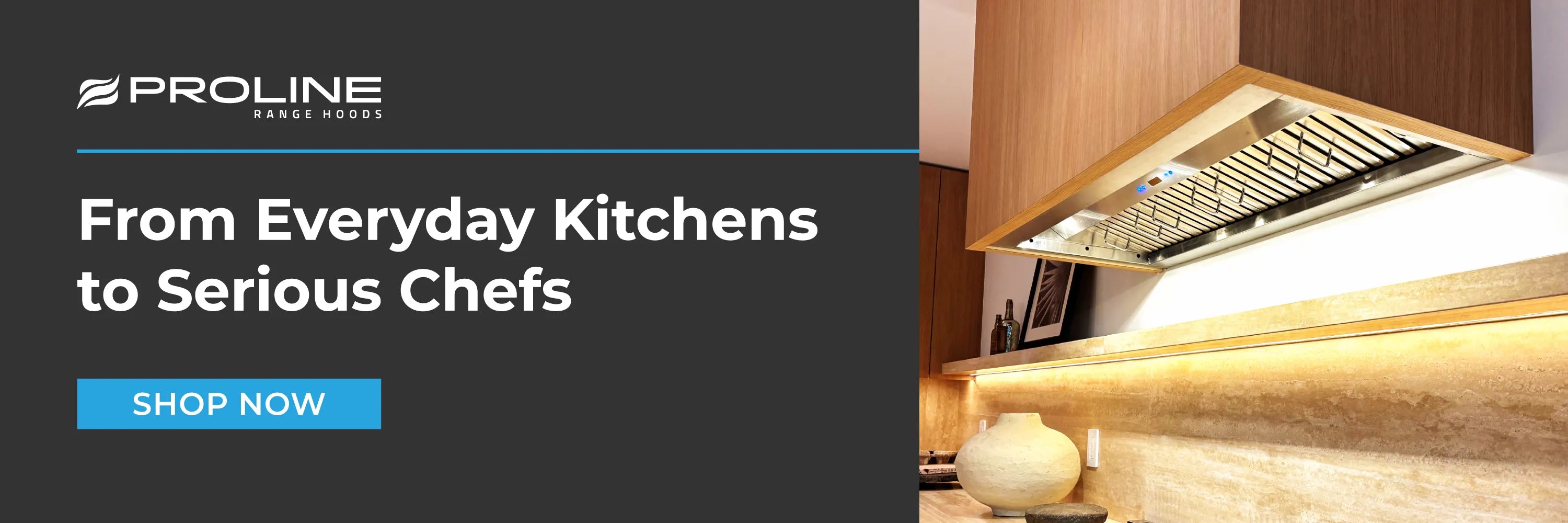 Proline kitchen hood with text 'From Everyday Kitchens to Serious Chefs' and 'Shop Now' button on a dark background.