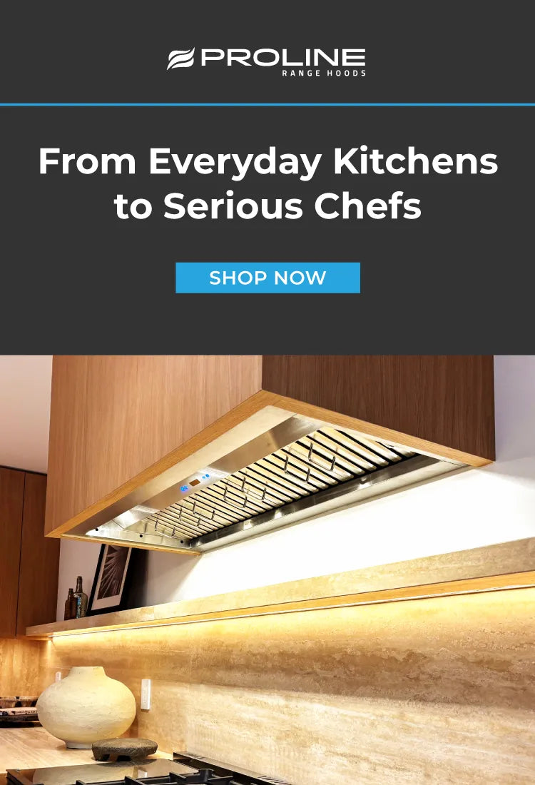Proline range hood banner with kitchen setup and 'Shop Now' button.