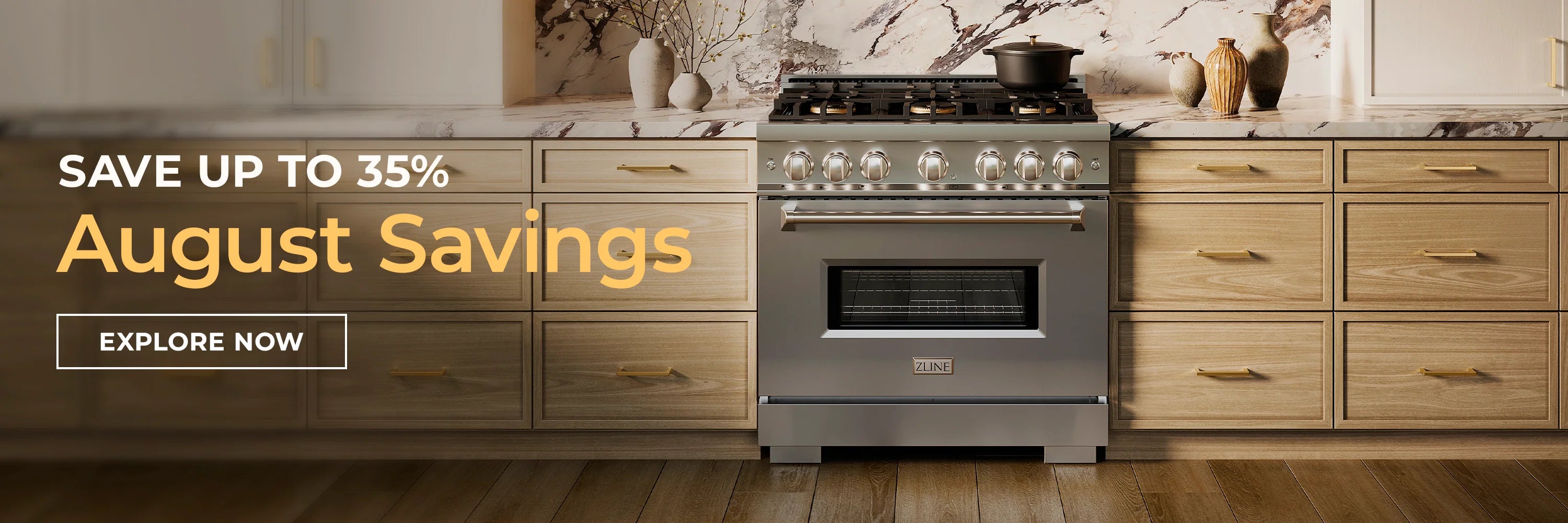 A stainless steel freestanding gas range with multiple control knobs, set in a modern kitchen with light wood cabinets and a marble countertop. Promotional text on the left reads 'SAVE UP TO 35% August Savings' with an 'EXPLORE NOW' button.