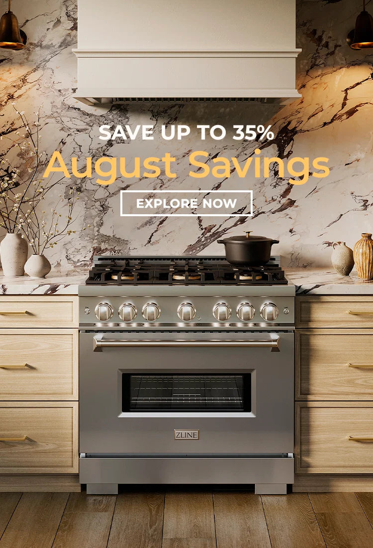 A stainless steel freestanding gas range with a glass oven door and multiple control knobs, set in a modern kitchen with marble backsplash, light wood cabinets, and a promotional overlay reading 'SAVE UP TO 35% August Savings EXPLORE NOW'.