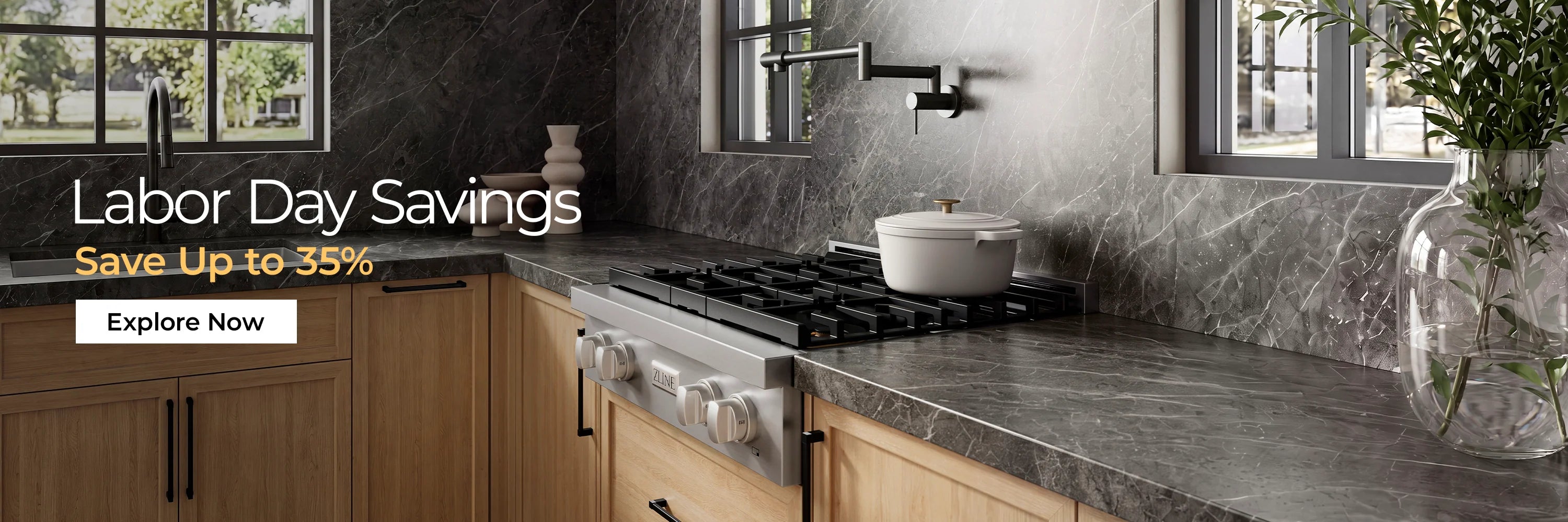 A modern kitchen interior with dark gray marble countertops and backsplash, light wood cabinets, a stainless steel gas rangetop, and a black range hood. Large overlaid text reads 'Labor Day Savings' and 'Save Up to 35%'.