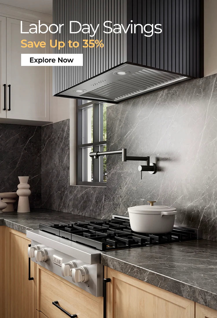 A modern kitchen scene with dark gray marble countertops and backsplash, light wood cabinets, a stainless steel gas range, a black range hood, and a white pot on the stovetop. Large promotional text at the top reads 'Labor Day Savings Save Up to 35% Explore Now.
