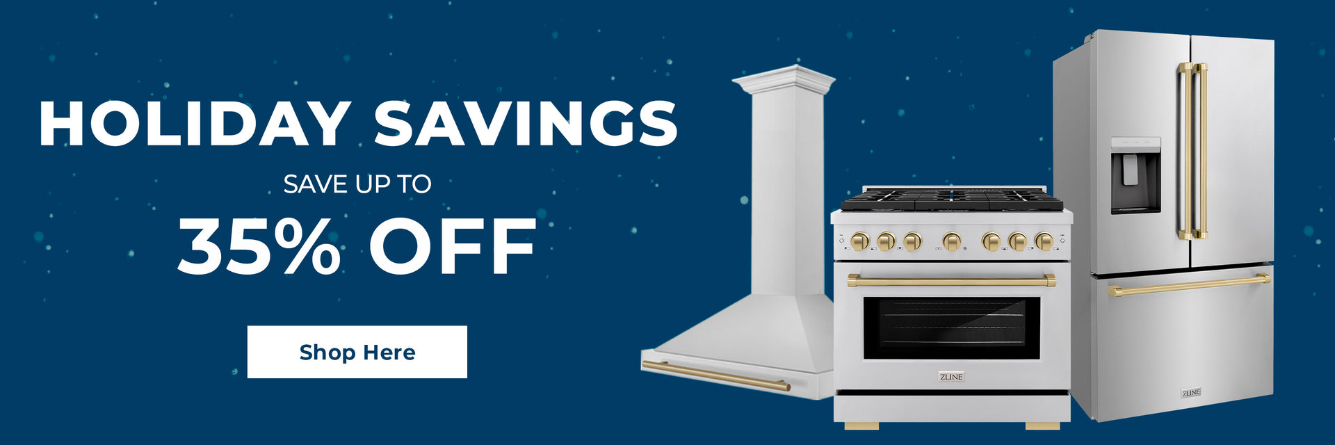 Luxury kitchen appliances on a blue background with snow falling. Text: Holiday Savings. Save Up To 35% off. Button: Shop Here.