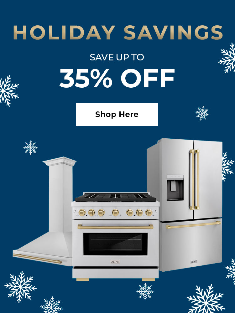 Appliances on a blue background with snowflakes. Text: Holiday savings. Save up to 35% off. Button: Shop Here