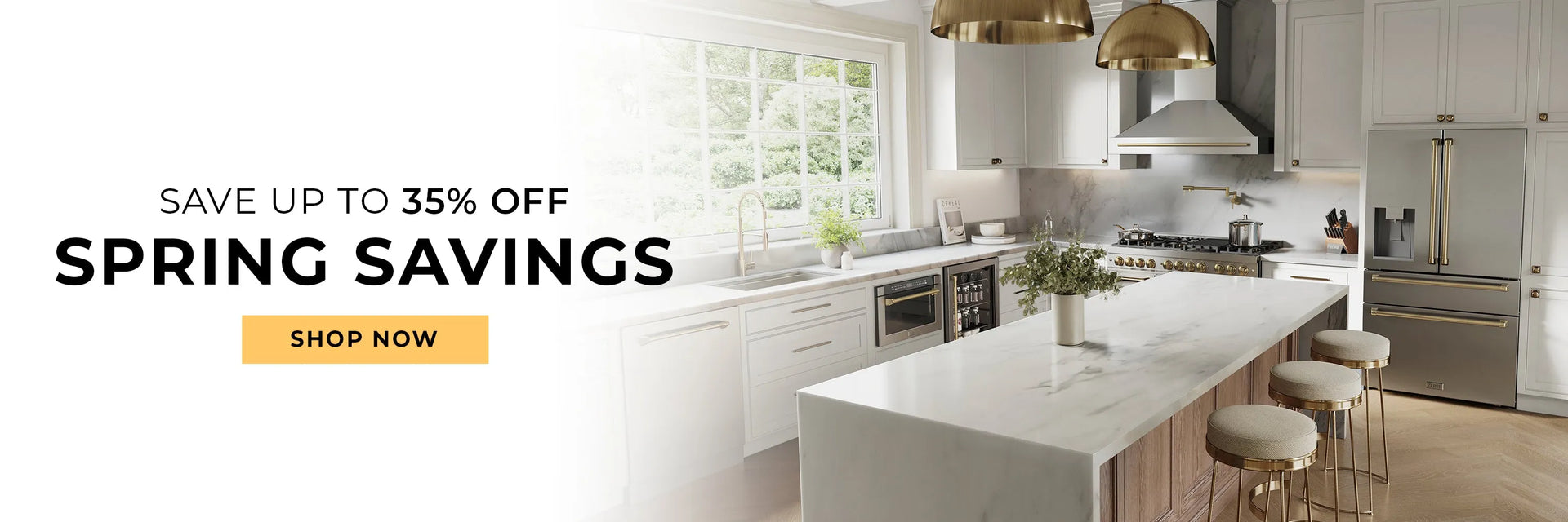 Luxury kitchen with stainless steel appliances. Text: Save up to 35% off. Spring Savings. Button: Shop Now.