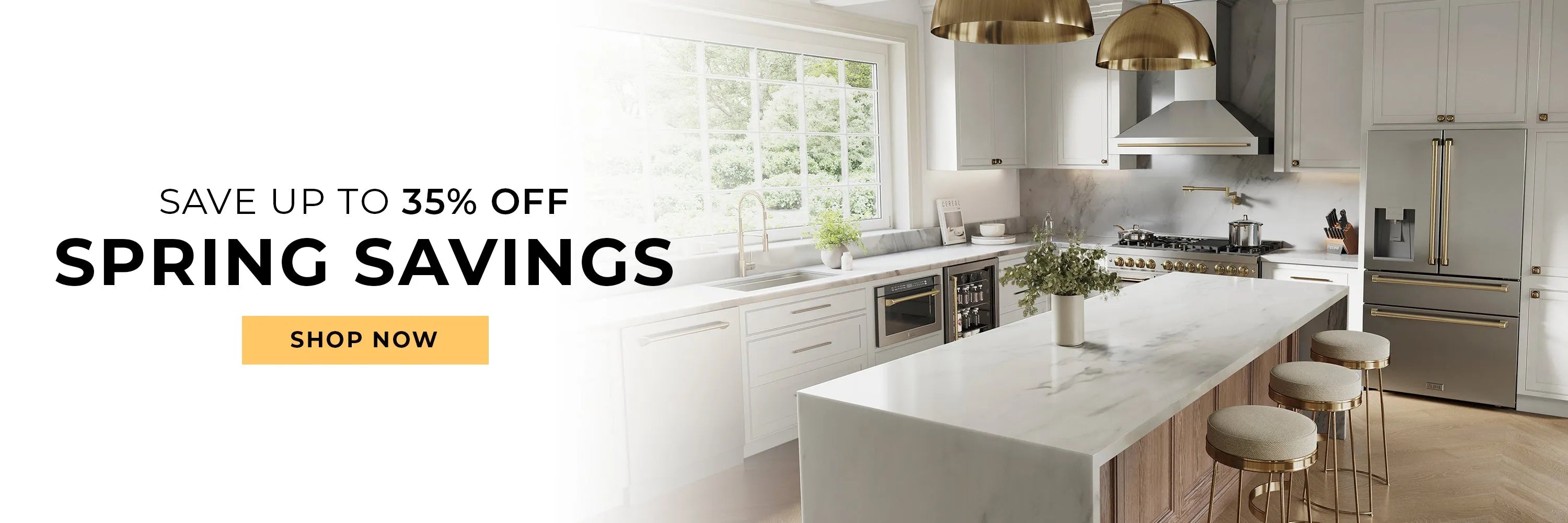 Luxury kitchen with stainless steel appliances. Text: Save up to 35% off. Spring Savings. Button: Shop Now.