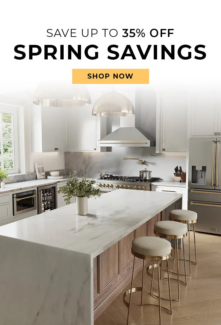 Luxury kitchen with stainless steel appliances. Text: Save up to 35% off. Spring Savings. Button: Shop Now.