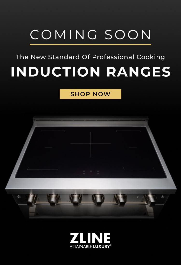 ZLINE Induction Range on a dark background. Text: Coming Soon. The New Standard of Professional Cooking Induction Ranges. Button: Shop Now.