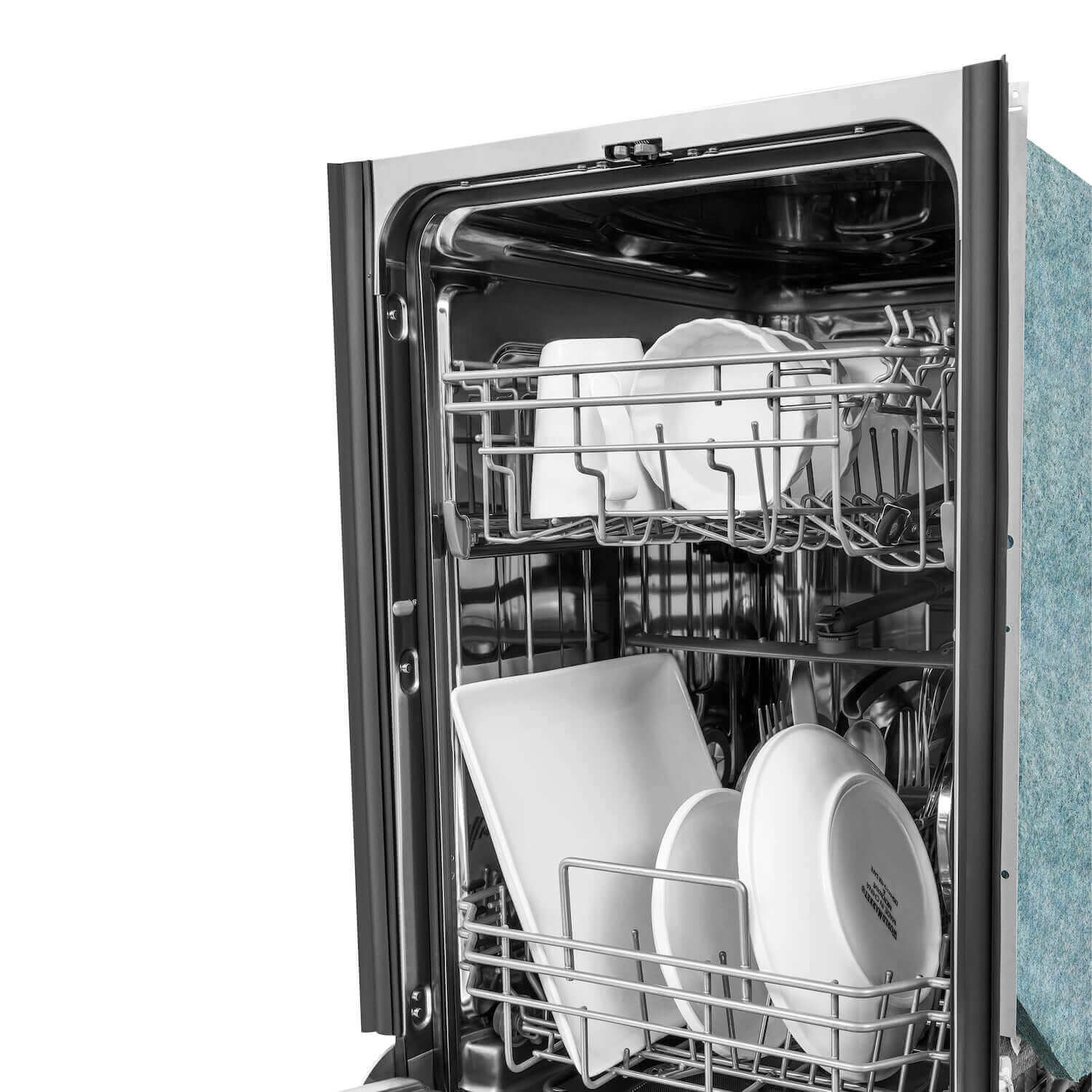 Dishes loaded on racks of ZLINE 18 in. Compact Top Control Dishwasher.