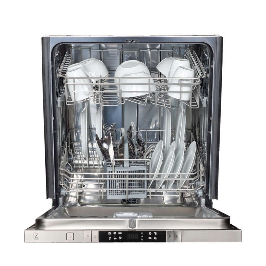 ZLINE 24 in. Fingerprint Resistant Top Control Built-In Dishwasher with Stainless Steel Tub and Traditional Style Handle, 52dBa (DW-SN-H-24) front, open with dishes loaded.