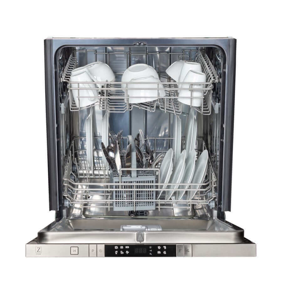 ZLINE 24 in. Top Control Built-In Dishwasher with Satin Stainless Steel Panel and Stainless Steel Tub with Traditional Style Handle, 52dBa (DW-SN-H-24) front, open with dishes loaded.