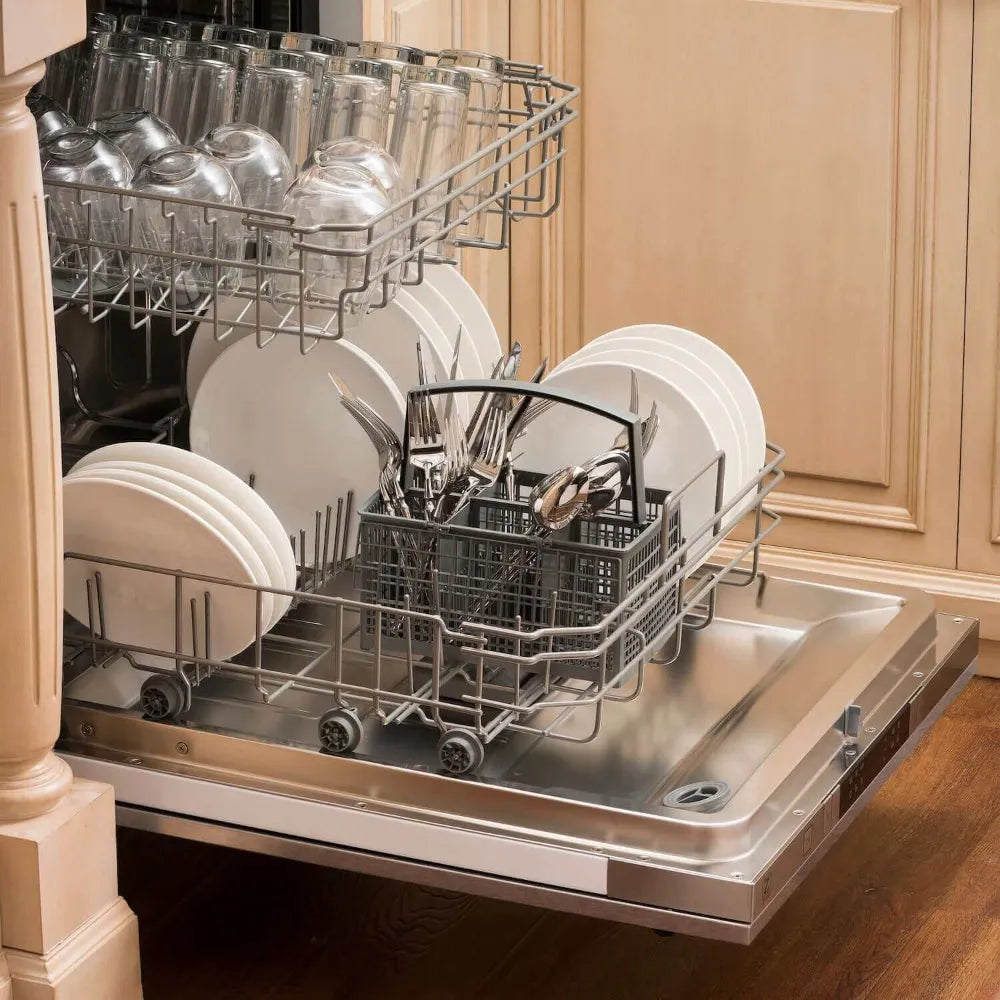 ZLINE 24 in. Top Control Built-In Dishwasher with Satin Stainless Steel Panel and Stainless Steel Tub with Traditional Style Handle, 52dBa (DW-SN-H-24) built-in to cabinets in a luxury kitchen.