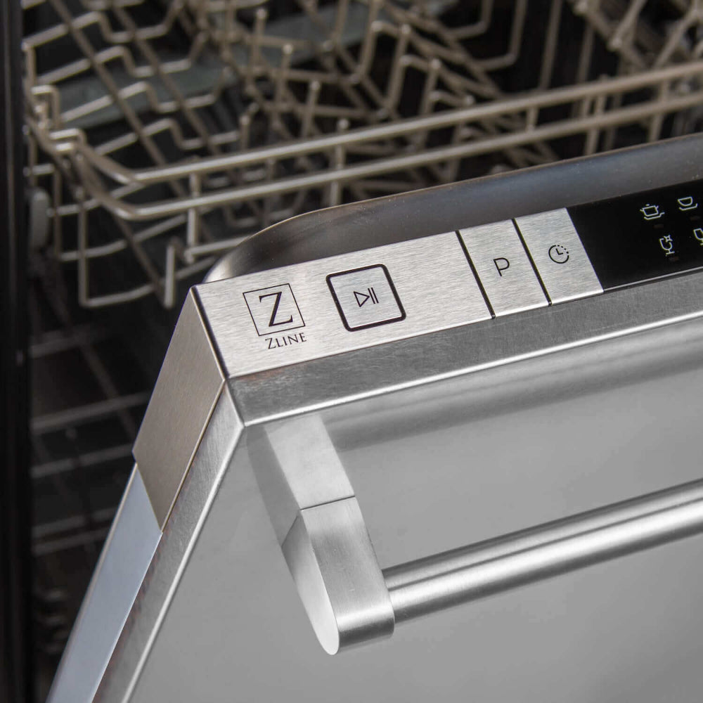 ZLINE 24 in. Top Control Built-In Dishwasher with Satin Stainless Steel Panel and Stainless Steel Tub with Traditional Style Handle, 52dBa (DW-SN-H-24) close-up, top control panel.