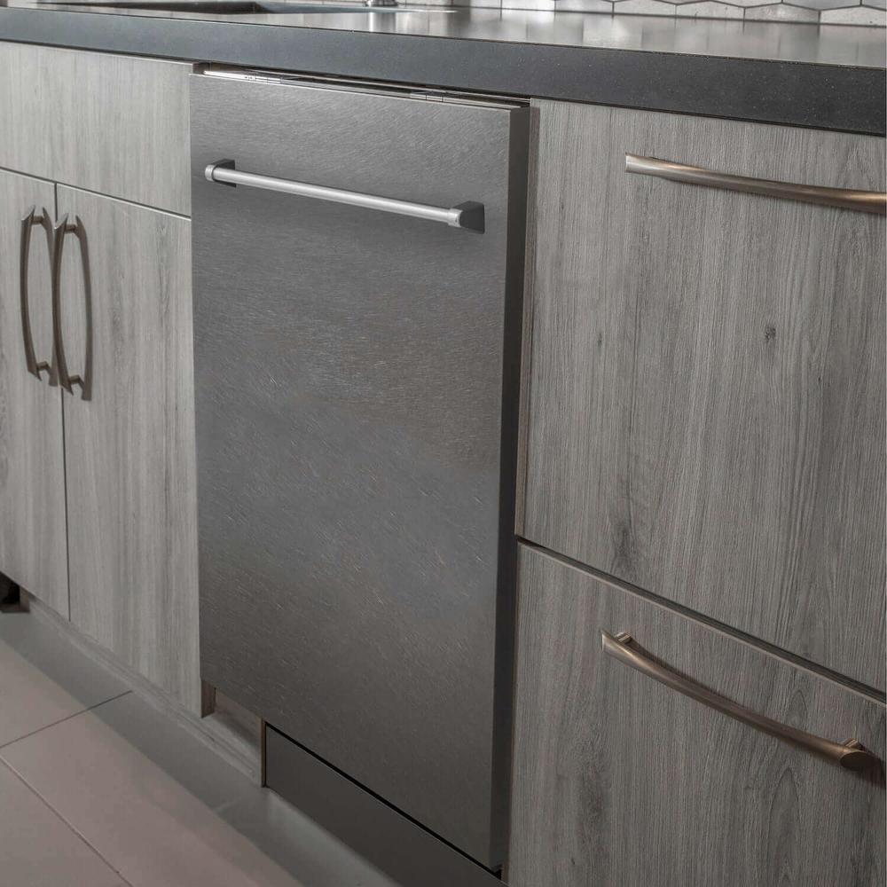 ZLINE 24 in. Top Control Built-In Dishwasher with Satin Stainless Steel Panel and Stainless Steel Tub with Traditional Style Handle, 52dBa (DW-SN-H-24) built-in to cabinets in a luxury kitchen.