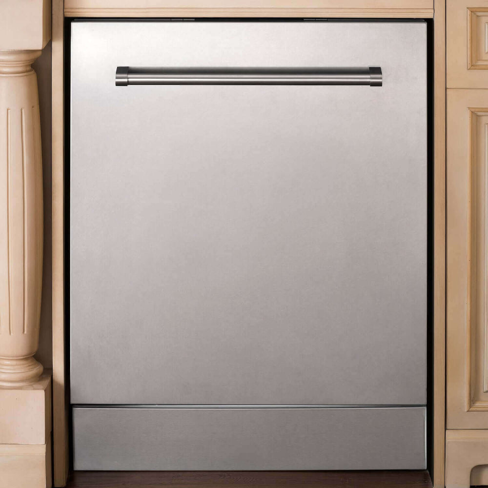 ZLINE 24 in. Top Control Built-In Dishwasher with Satin Stainless Steel Panel and Stainless Steel Tub with Traditional Style Handle, 52dBa (DW-SN-H-24) built-in to cabinets in a luxury kitchen.