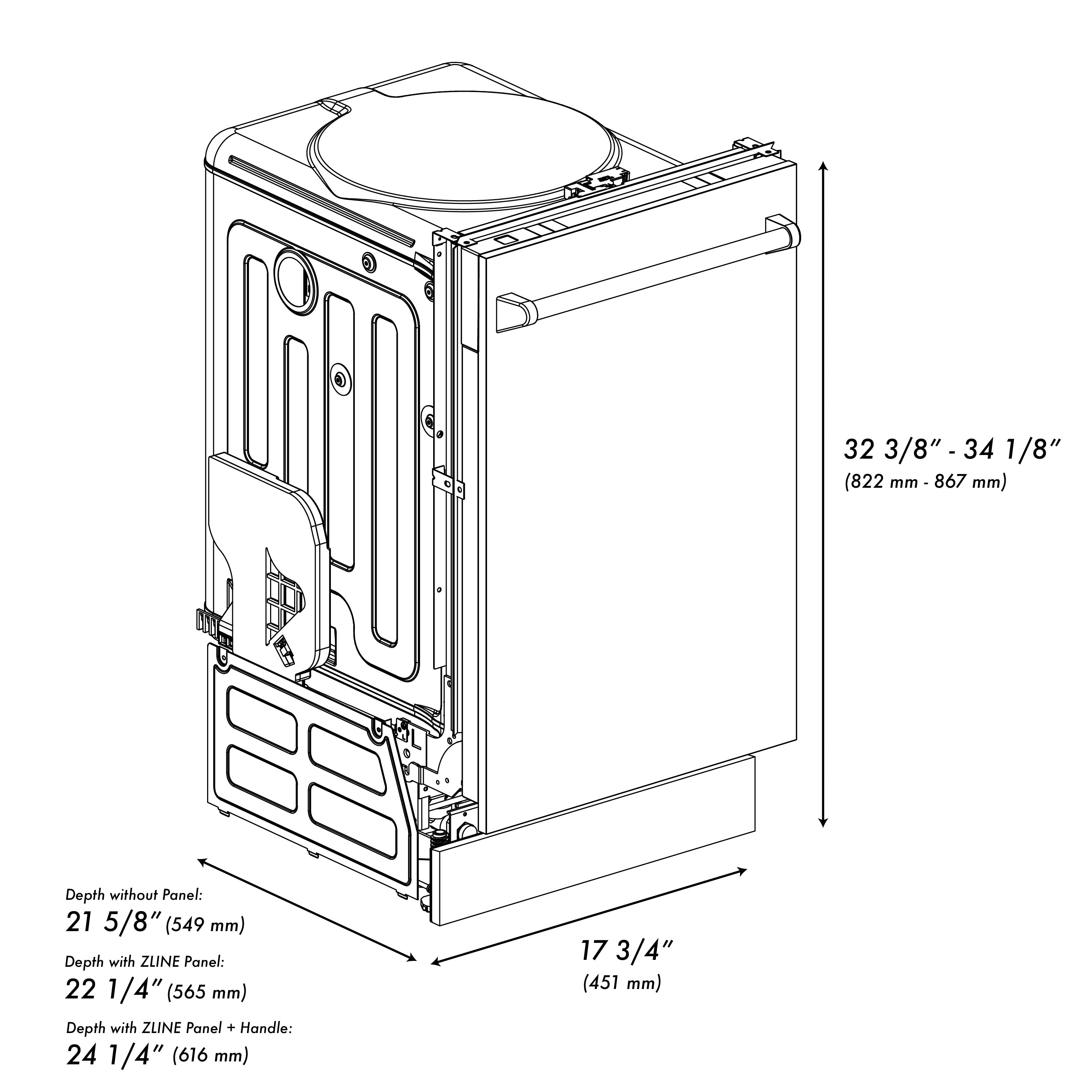 ZLINE 18" Dishwasher (DW-18) dimensional diagram with measurements.