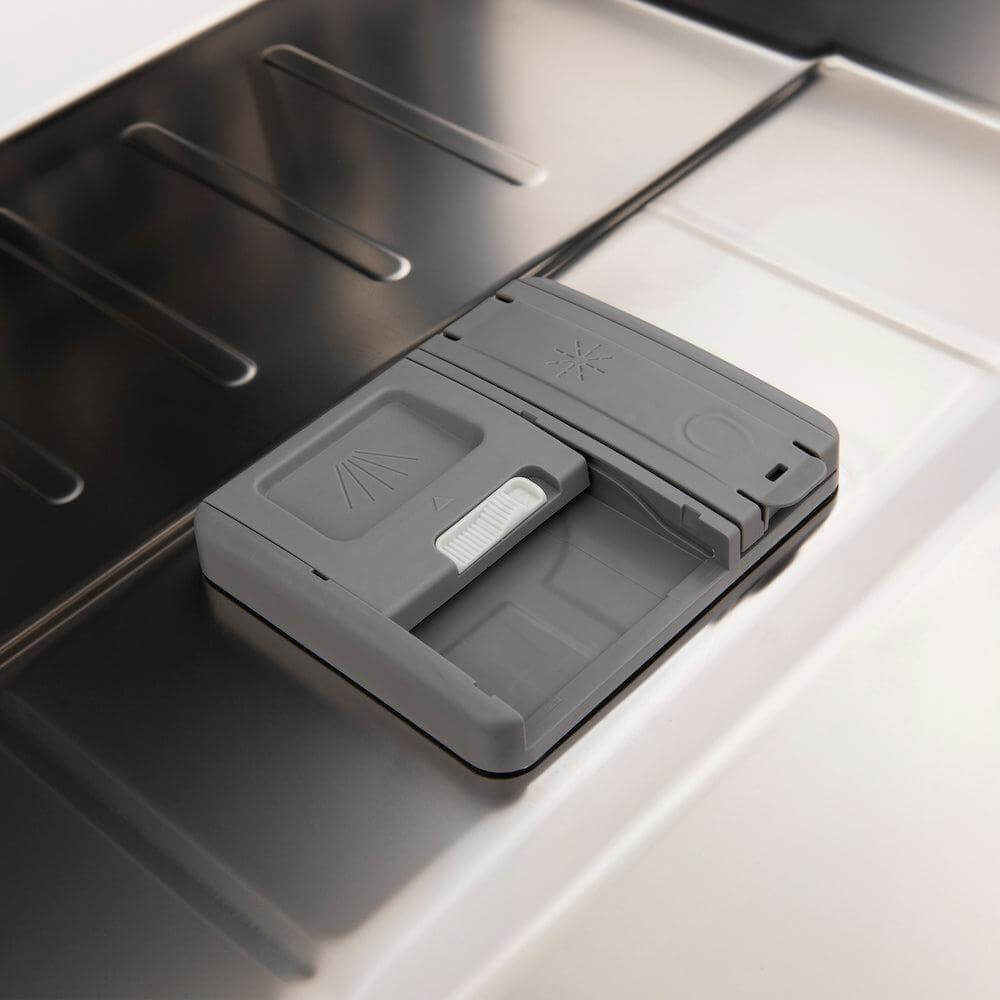 ZLINE 24 in. Stainless Steel Top Control Built-In Dishwasher with Stainless Steel Tub and Traditional Style Handle, 52dBa (DW-304-H-24) detergent dispenser.