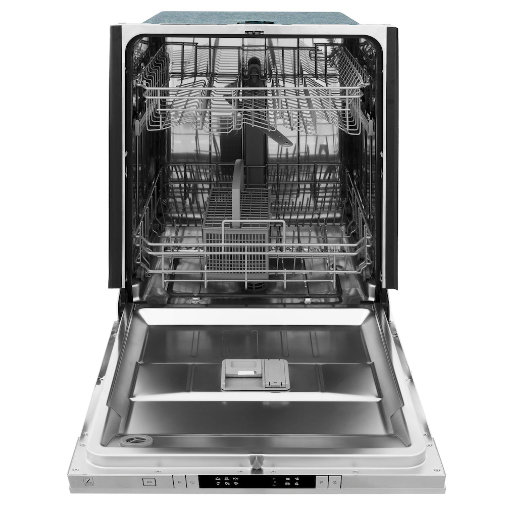 ZLINE 24 in. Stainless Steel Top Control Built-In Dishwasher with Stainless Steel Tub and Traditional Style Handle, 52dBa (DW-304-H-24) front, open.