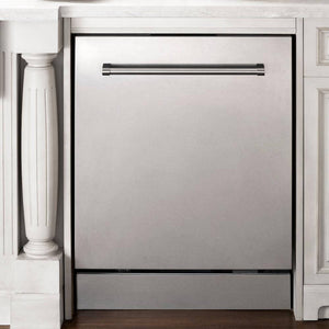ZLINE 24 in. Stainless Steel Top Control Built-In Dishwasher with Stainless Steel Tub and Traditional Style Handle, 52dBa (DW-304-H-24) built-in to cabinets in a luxury kitchen.