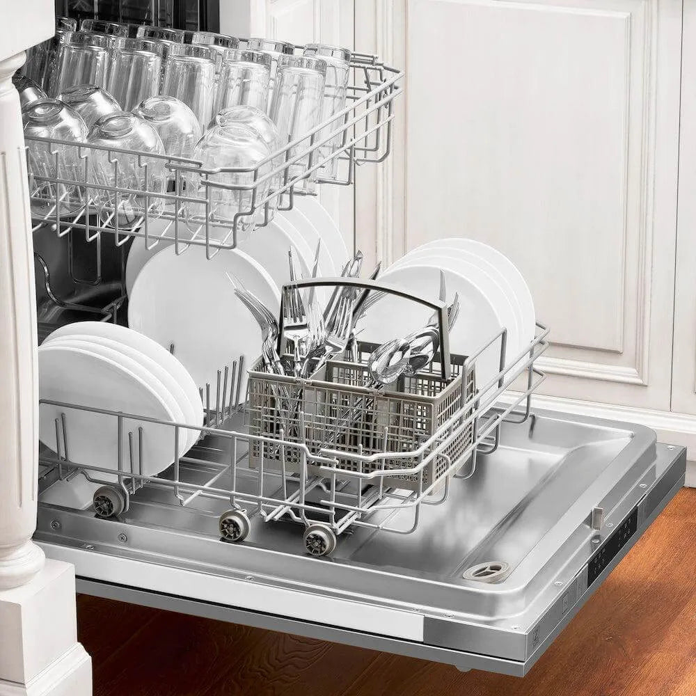 ZLINE 24 in. Stainless Steel Top Control Built-In Dishwasher with Stainless Steel Tub and Traditional Style Handle, 52dBa (DW-304-H-24) built-in to cabinets in a luxury kitchen.