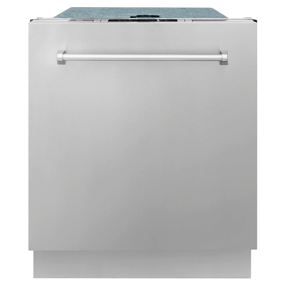 ZLINE 24 in. Stainless Steel Top Control Built-In Dishwasher with Stainless Steel Tub and Traditional Style Handle, 52dBa (DW-304-H-24) front, closed.