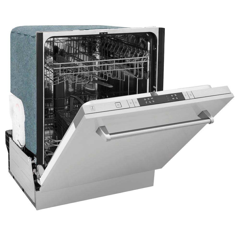 ZLINE 24 in. Stainless Steel Top Control Built-In Dishwasher with Stainless Steel Tub and Traditional Style Handle, 52dBa (DW-304-H-24) side, half open.
