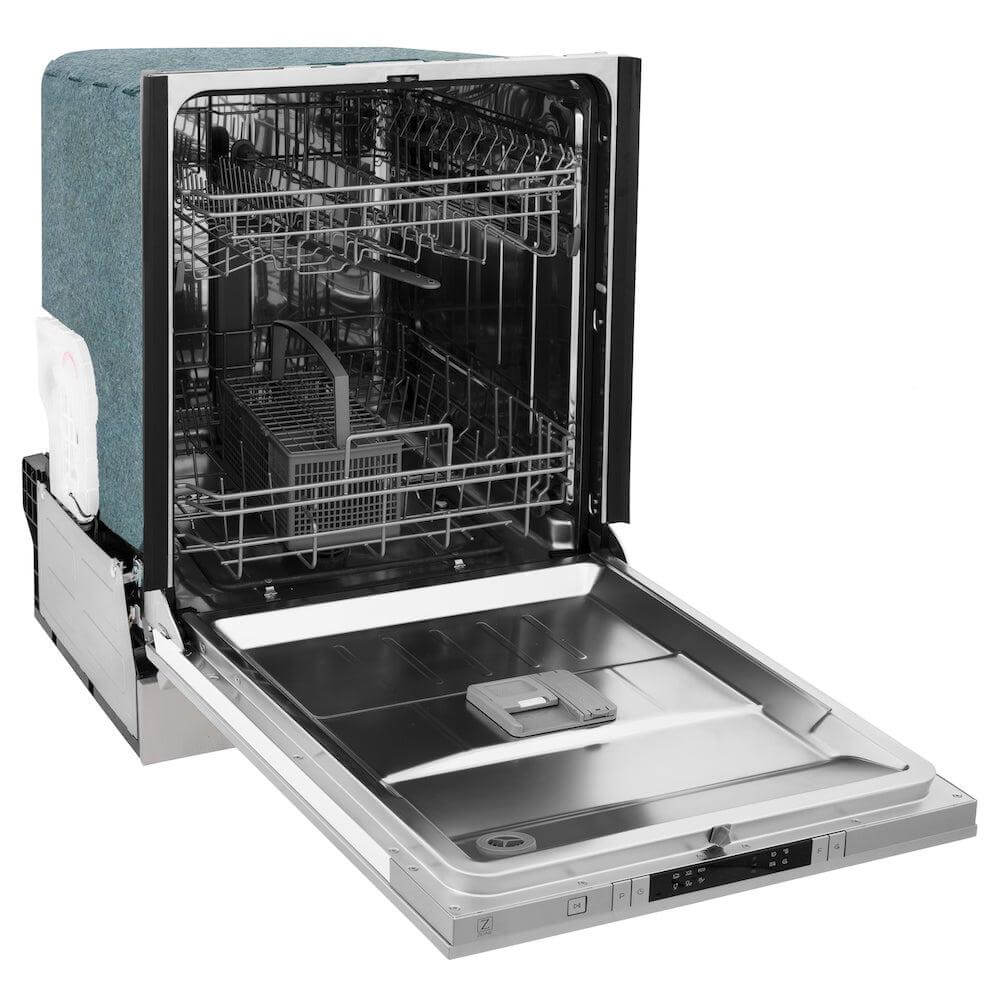 ZLINE 24 in. Stainless Steel Top Control Built-In Dishwasher with Stainless Steel Tub and Traditional Style Handle, 52dBa (DW-304-H-24) side, open.