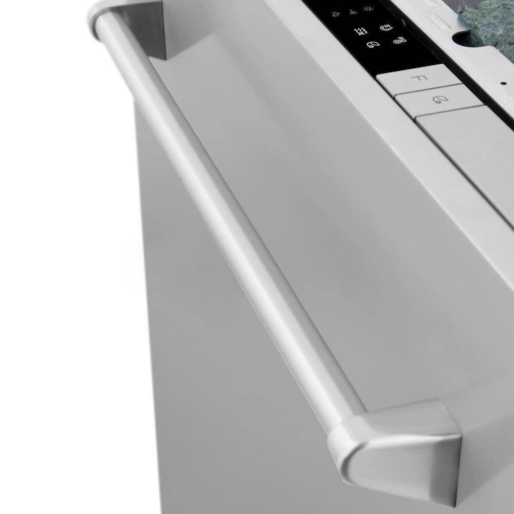 ZLINE 24 in. Stainless Steel Top Control Built-In Dishwasher with Stainless Steel Tub and Traditional Style Handle, 52dBa (DW-304-H-24) close-up, door with panel and top controls from above.