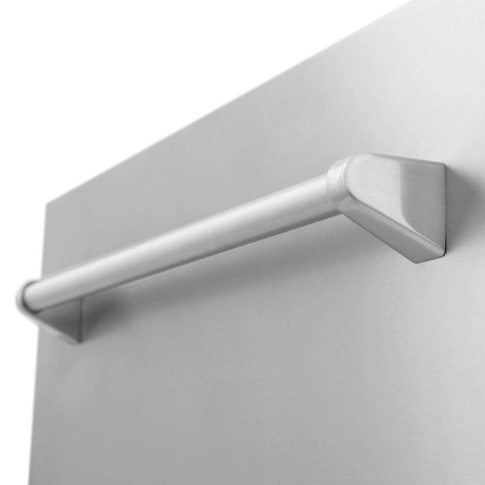 ZLINE 24 in. Stainless Steel Top Control Built-In Dishwasher with Stainless Steel Tub and Traditional Style Handle, 52dBa (DW-304-H-24) close-up, handle from below.