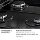 Rangetops and Cooktops Infographic. Image: Close-up of black porcelain cooktop and burners. Text: Porcelain Cooktop. A hand-finished porcelain one-piece cooktop makes way for easy cleaning and maintenance.