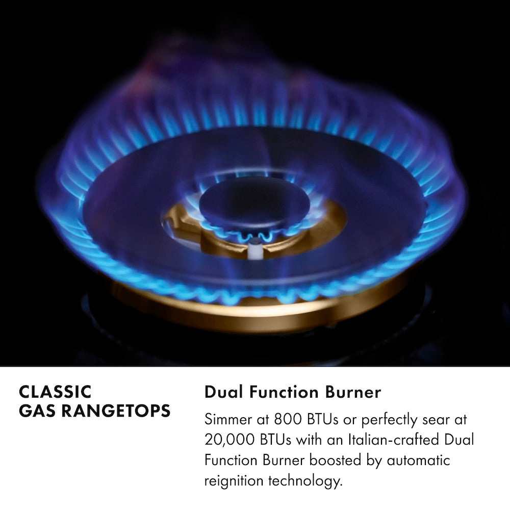 Classic Gas Rangetops Infographic. Dual Function Burner. Text: Simmer at 800 BTUs or perfectly sear at 20,000 BTUs with an Italian-crafted Dual Function Burner boosted by automatic reignition technology.