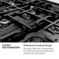 Classic Gas Rangetops Infographic. Image: Burners and grates. Text: Professional Cooktop Design. Featuring a sleek cast iron grate design for a bold style and easy transferring of cookware to various burners.
