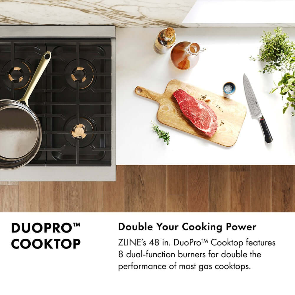 DuoPro Cooktop Infographic. Text: Double your cooking power. ZLINE's 48 in. DuoPro Cooktop features 8 dual-function burners for double the performance of most gas cooktops.