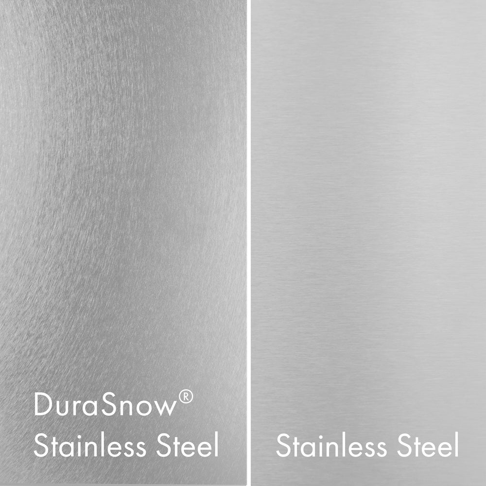 ZLINE Satin Stainless Steel (left) compared with Standard Stainless Steel (right).