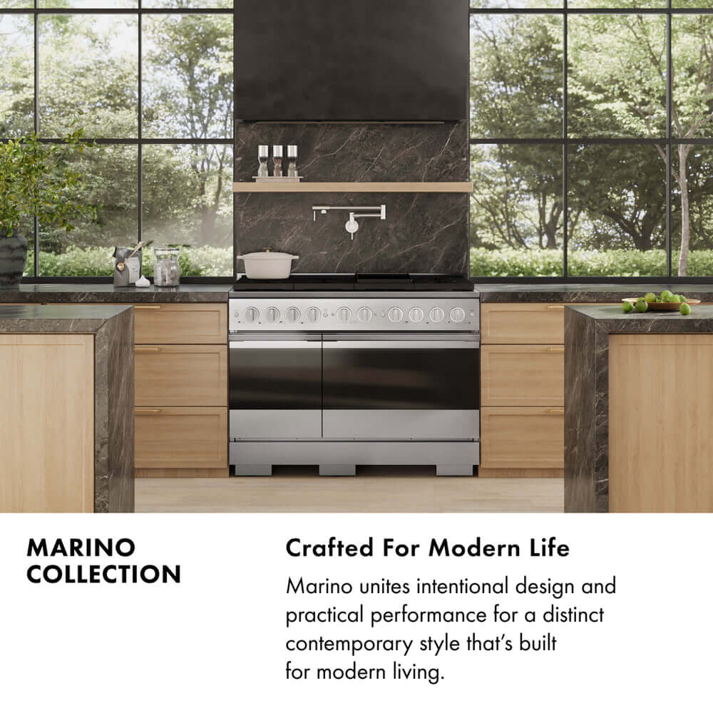 ZLINE Marino Collection Infographic. Image: A modern kitchen scene featuring a Marino range. Text: Crafted For Modern Life. Marino unites intentional design and practical performance for a distinct contemporary style that's built for modern living.