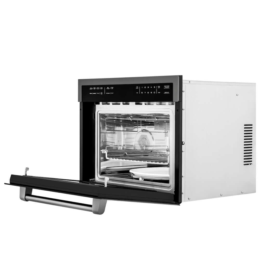 ZLINE 24 in. 1.6 cu ft. Built-in Convection Microwave Oven in Gun Metal with Speed and Sensor Cooking (MWO-24-GM) side, open.