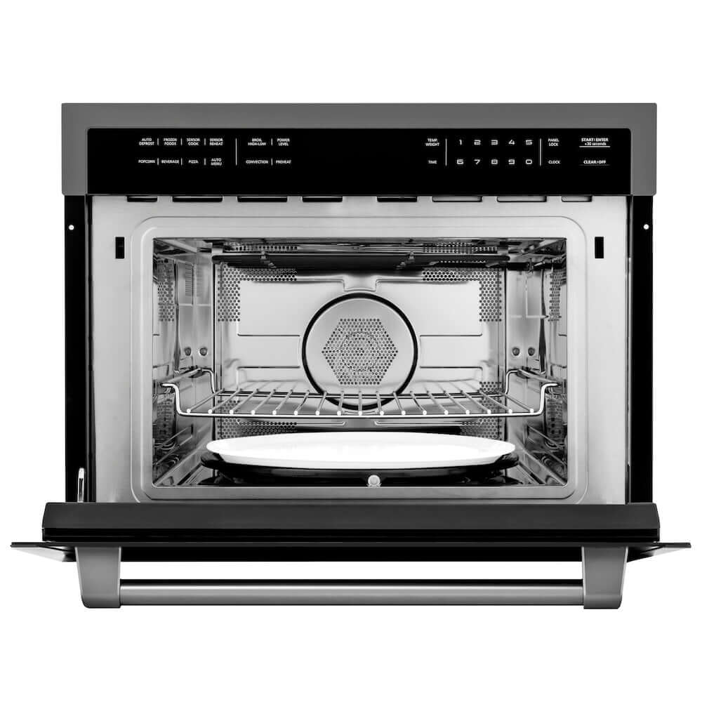 ZLINE 24 in. 1.6 cu ft. Built-in Convection Microwave Oven in Gun Metal with Speed and Sensor Cooking (MWO-24-GM) front, open.