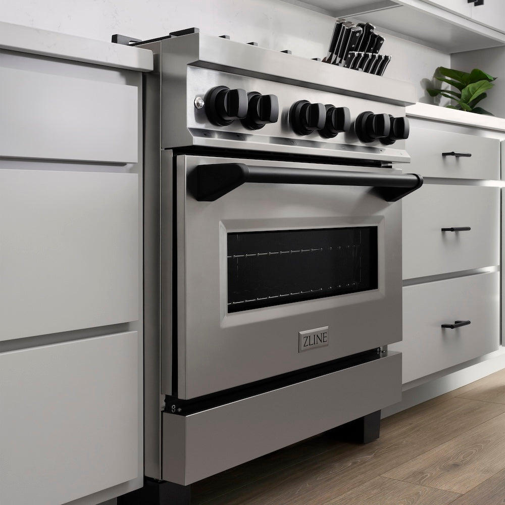 ZLINE Autograph Edition 30 in. 4.0 cu. ft. Legacy Dual Fuel Range with 4 Burner Gas Cooktop and Electric Convection Oven in Stainless Steel and Matte Black Accents, Open Box-Good Condition