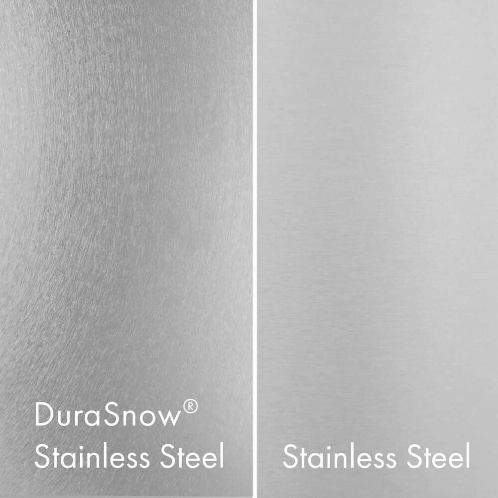 ZLINE's proprietary fingerprint-resistant DuraSnow® Stainless Steel (left) compared with Standard Stainless Steel (right).