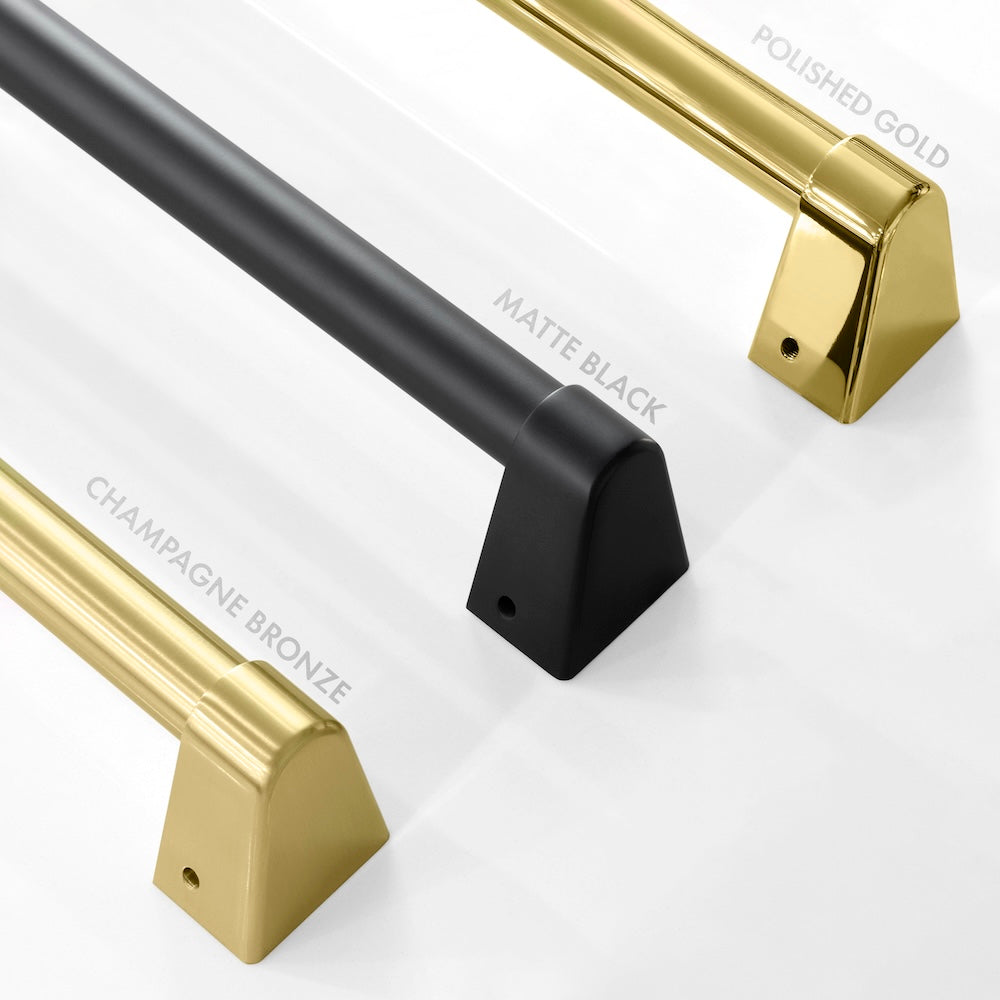 ZLINE Autograph Edition Column Refrigeration handles finish comparison. Bottom Left: Champagne Bronze. Center: Matte Black. Top Right: Polished Gold.