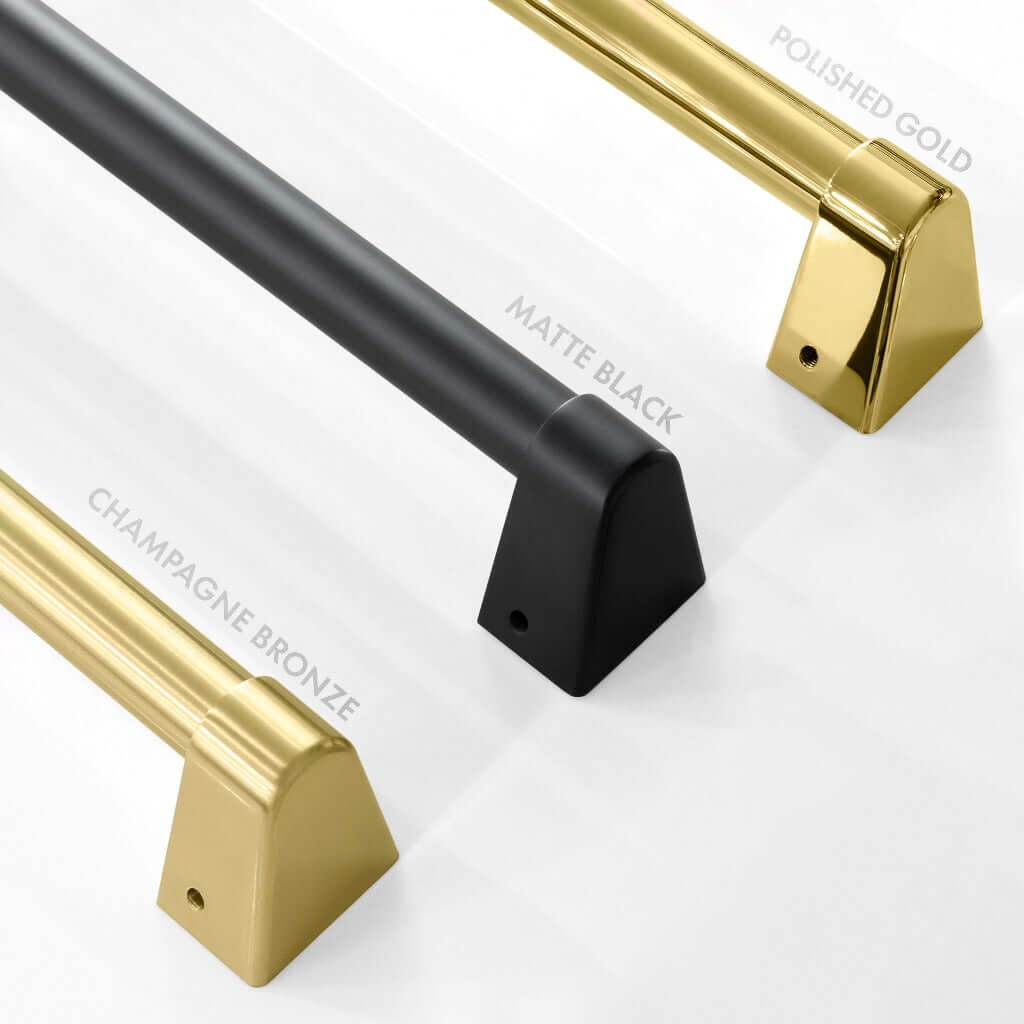 ZLINE Autograph Edition dishwasher handle finish comparisons. Left - Champagne Bronze. Center - Matte Black. Right - Polished Gold.