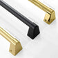 ZLINE Autograph Edition range hood handle finish comparisons. Left - Champagne Bronze. Center - Matte Black. Right - Polished Gold.
