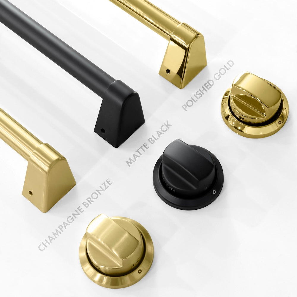 ZLINE Autograph Edition Range handle and knob finish comparison. Bottom Left: Champagne Bronze. Center: Matte Black. Top Right: Polished Gold.