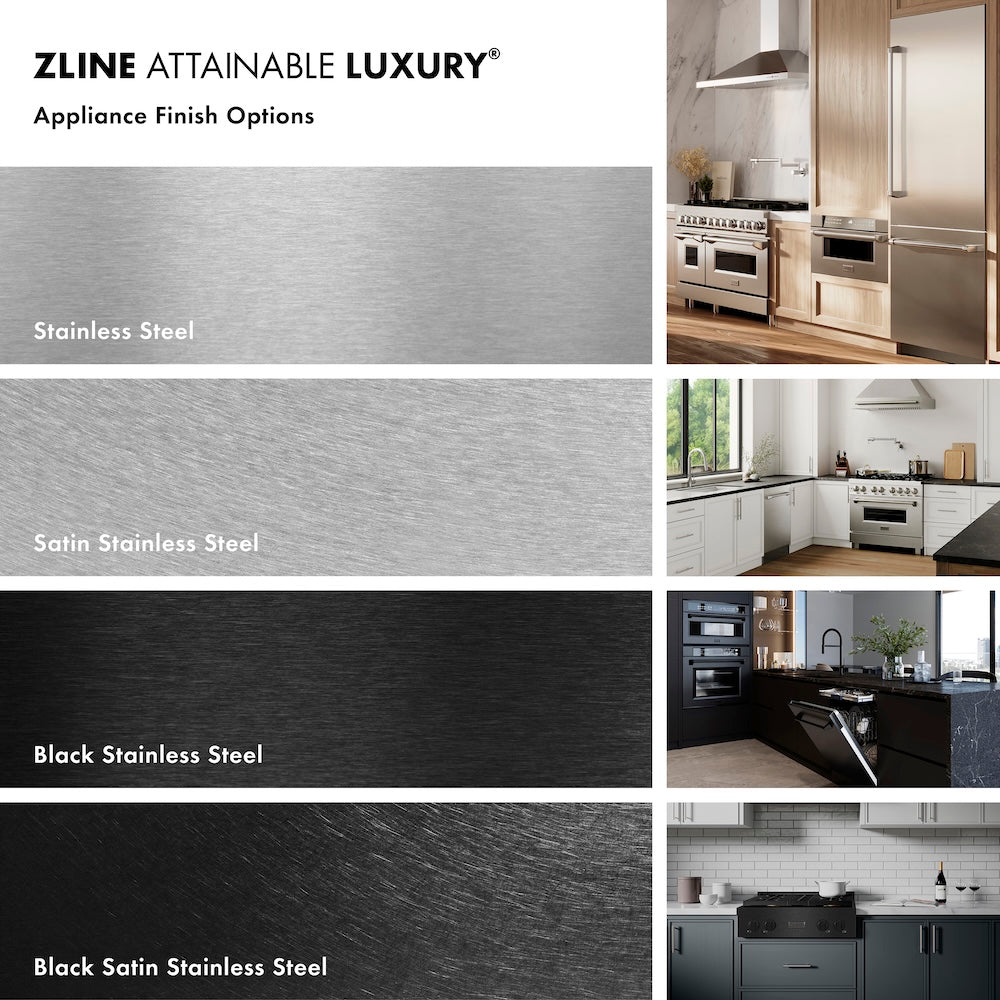 ZLINE appliance finish options including stainless steel, satin stainless steel, black stainless steel, and black satin stainless steel with kitchen images.